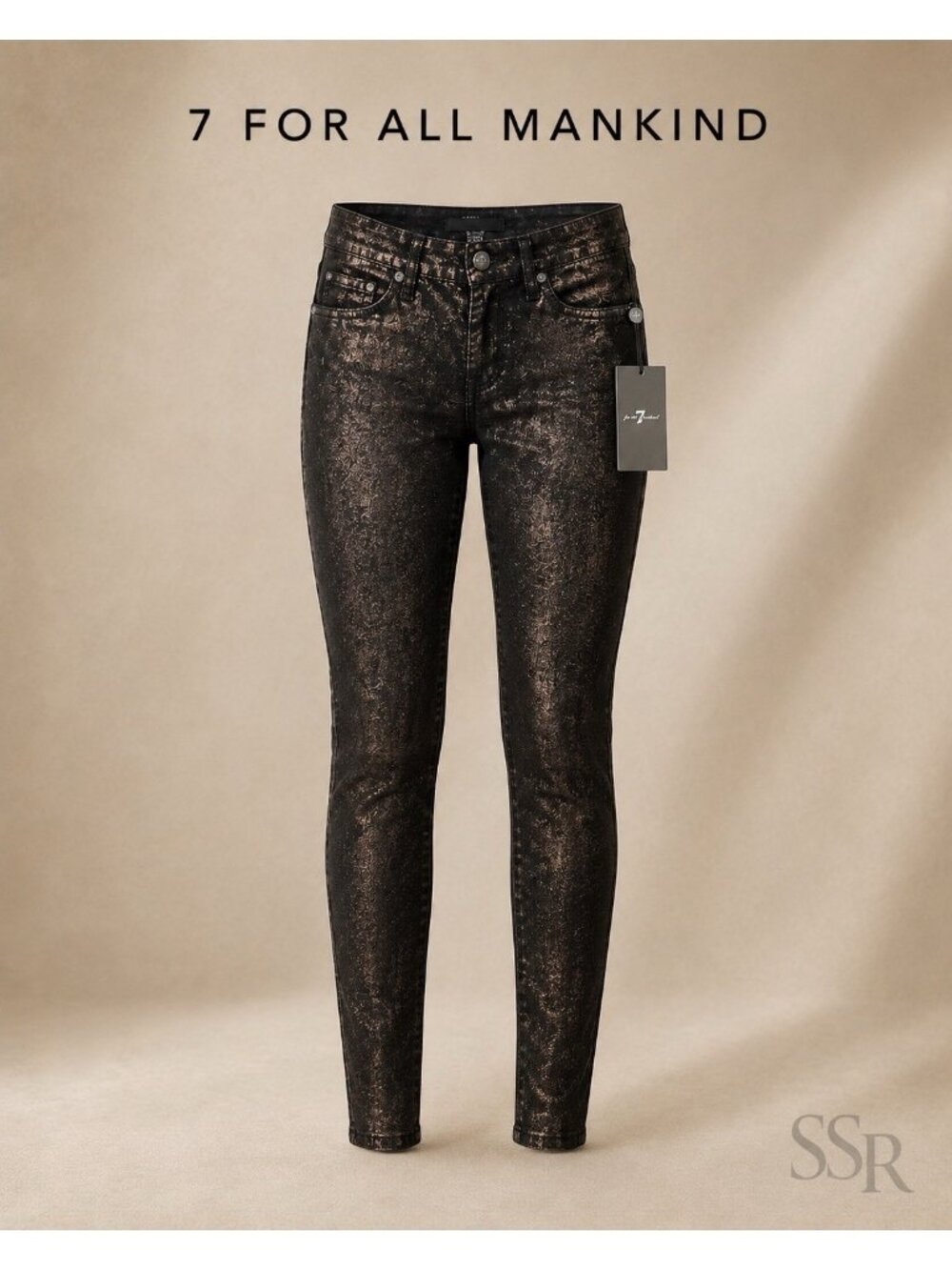 7 For All Mankind Gwenevere Skinny Jeans Metallic Copper Foil Black Denim NWT 23